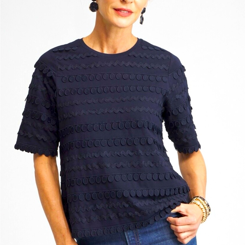 NWT Chico’s Knit Top Trim Detail Tee. Size 3. Classic Navy